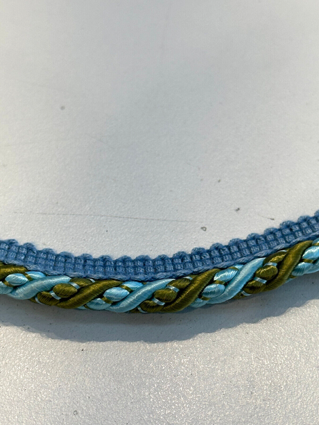 Light Blue With Olive Green Trim Rope With Gimp Polyester Fabric - Light Blue, Olive Green, Gimp Trim, 2 CM Width (1 Yard)