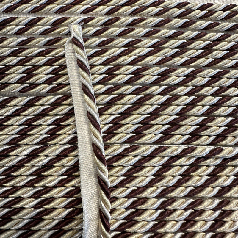Mini Trim Rope With Gimp Polyester Fabric - Brown With Cream Beige, 1 CM Width (1 Yard)