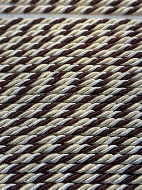 Mini Trim Rope With Gimp Polyester Fabric - Brown With Cream Beige, 1 CM Width (1 Yard)