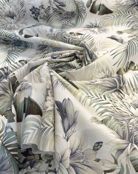 Harbor Island White Smoke Cotton Fabric - White Smoke Floral Botanical Tropical Leaves, 54" Width (1 Yard)