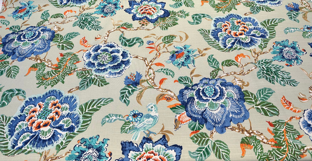 Summer Palace Cotton Fabric - Matcha Green Floral Bird Print, 54/55" Width, 27" Horizontal Repeat, 25.25" Vertical Repeat (1 Yard)