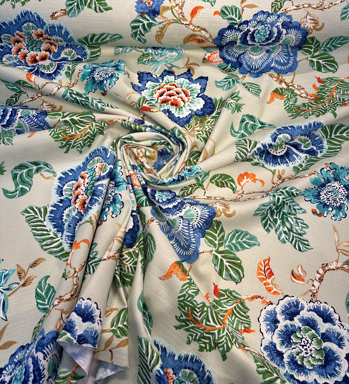 Summer Palace Cotton Fabric - Matcha Green Floral Bird Print, 54/55" Width, 27" Horizontal Repeat, 25.25" Vertical Repeat (1 Yard)