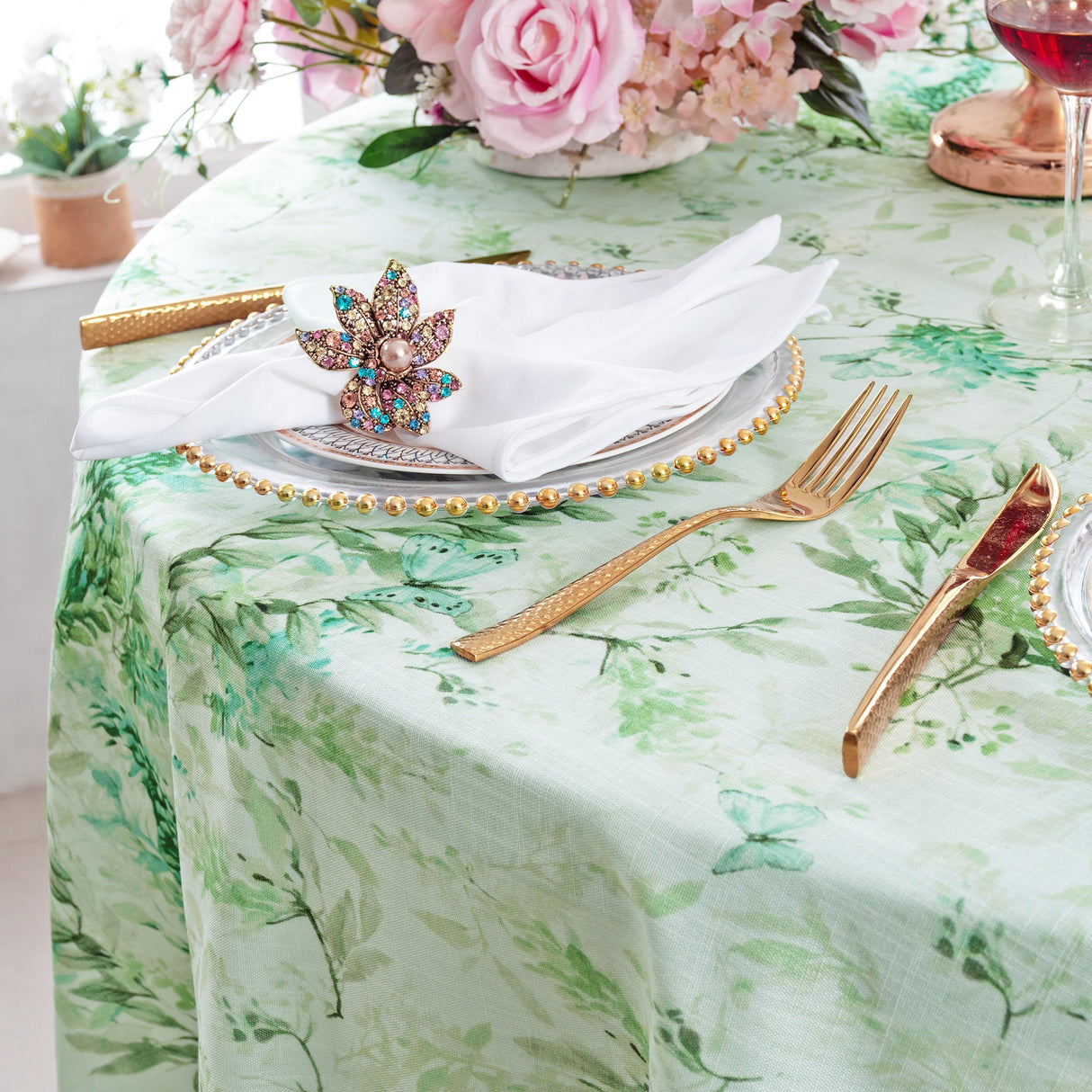 Round Faux Linen Tablecloth 132" Verdure