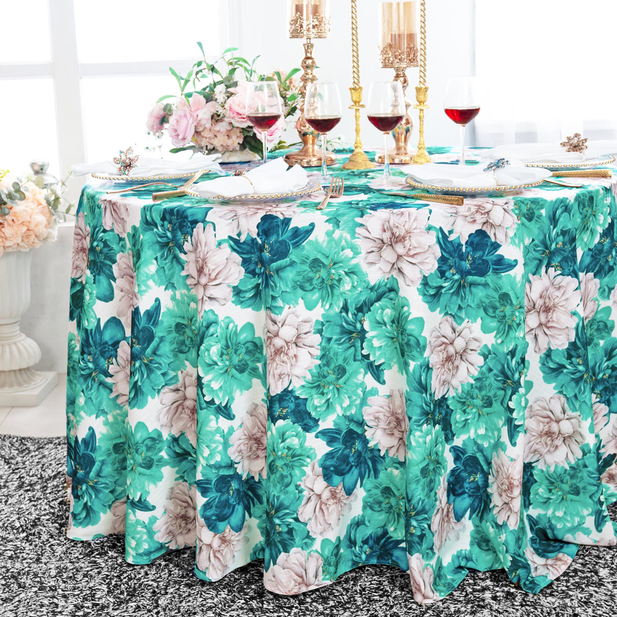 Round Faux Linen Tablecloth 120" Peony
