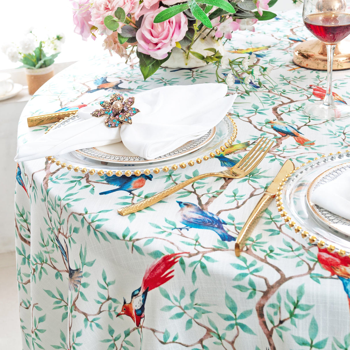 Round Faux Linen Tablecloth 132" Arboreal