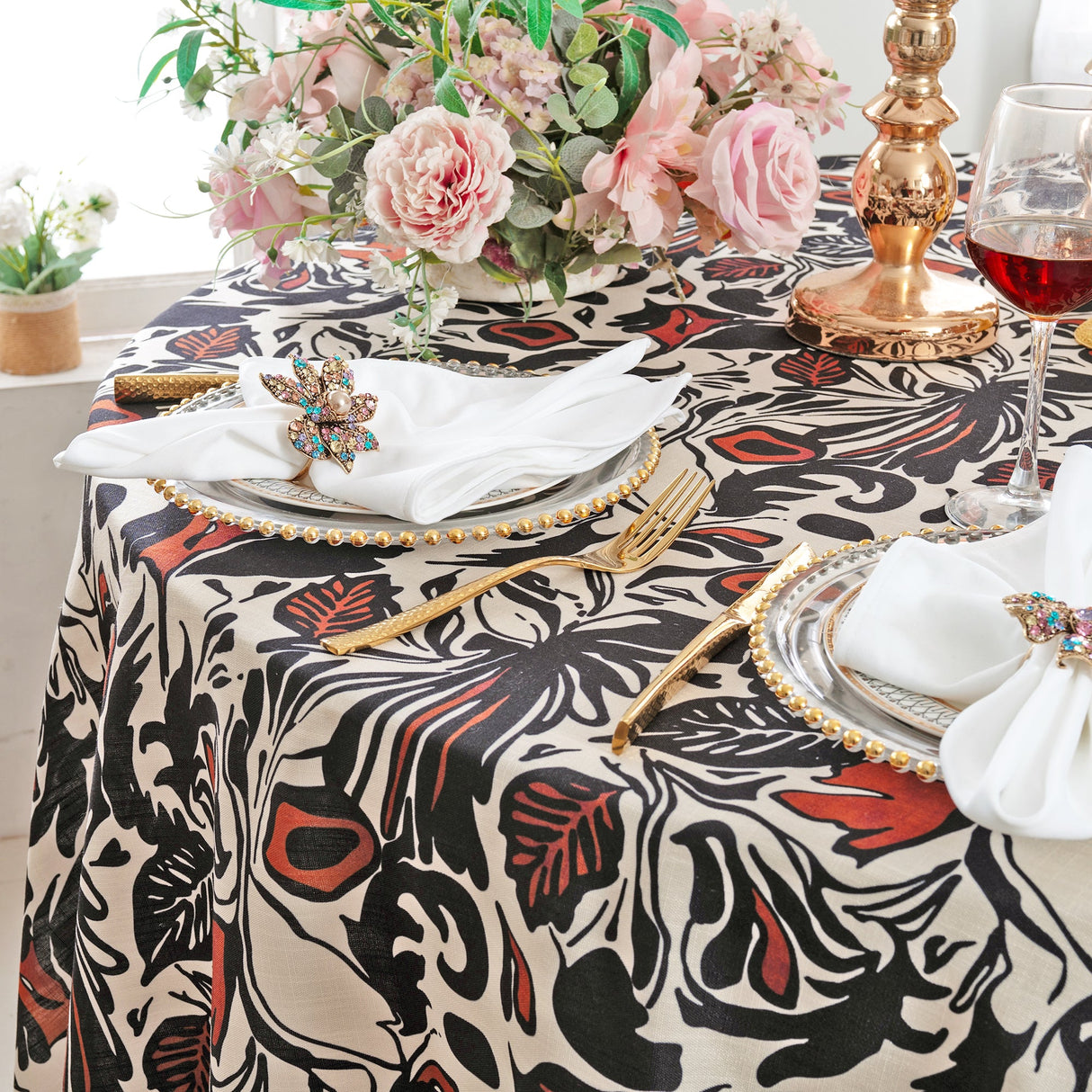 Round Faux Linen Tablecloth 120" Burnt Sienna