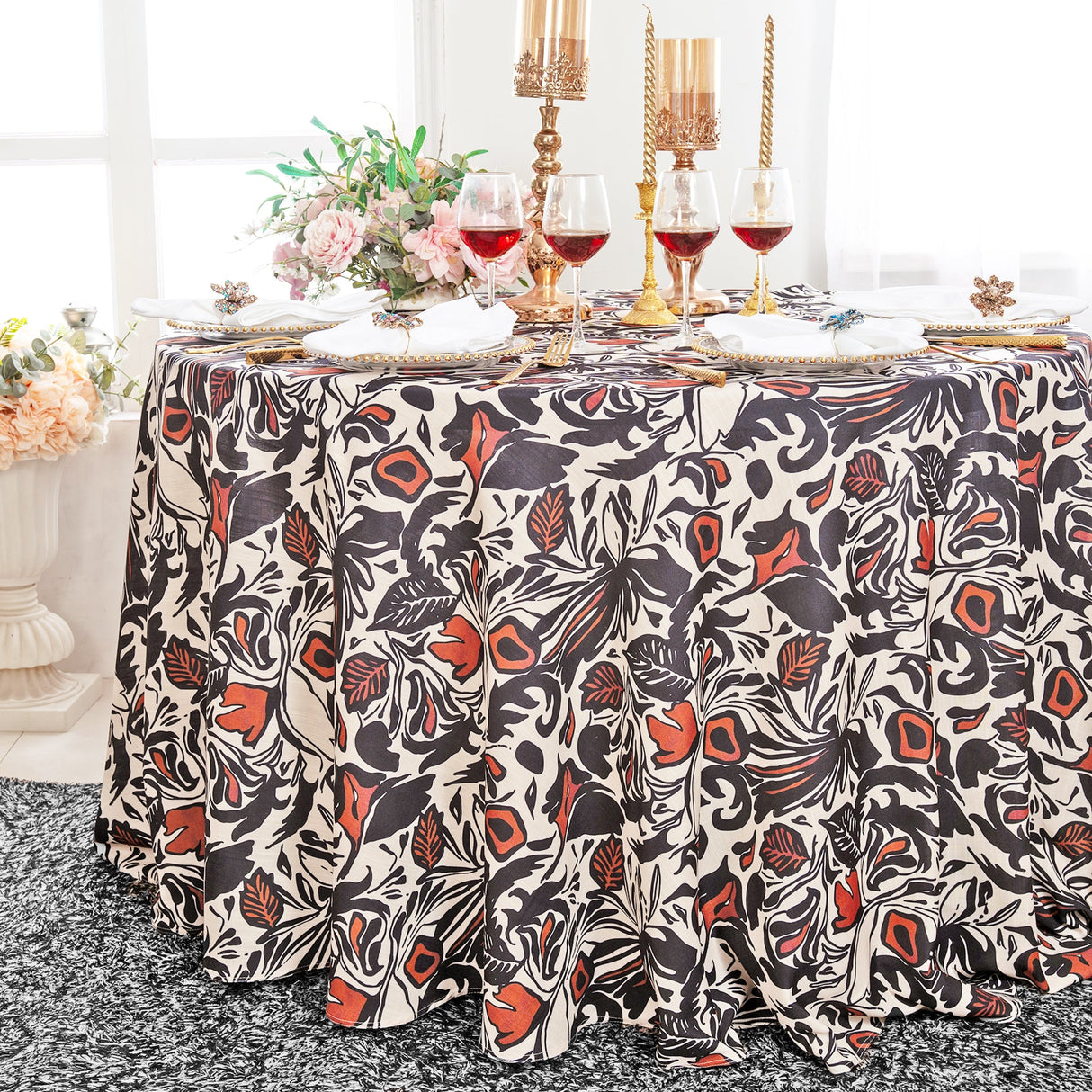 Round Faux Linen Tablecloth 132" Burnt Sienna