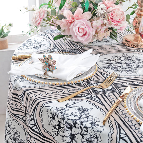 Round Faux Linen Tablecloth 132" Baroque