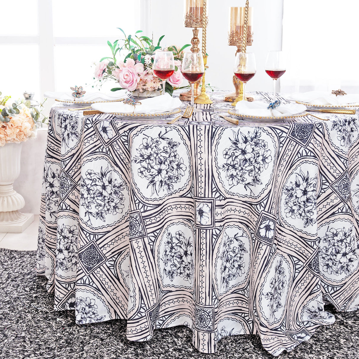 Round Faux Linen Tablecloth 120" Baroque