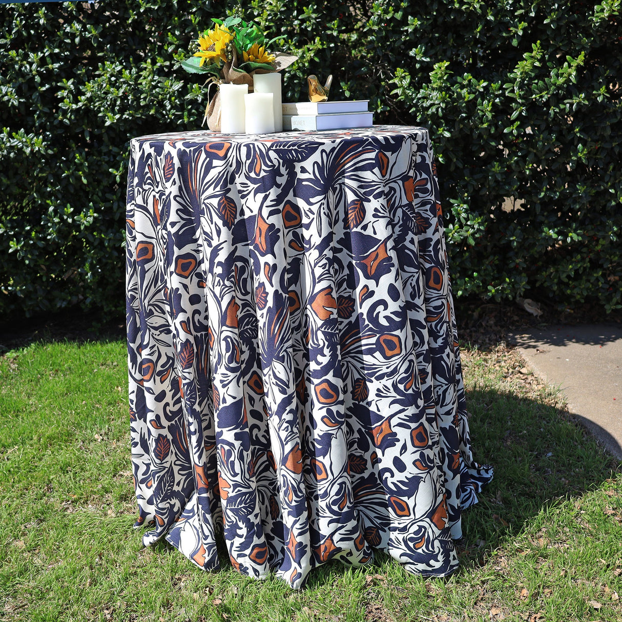 Round Faux Linen Tablecloth 132" Burnt Sienna