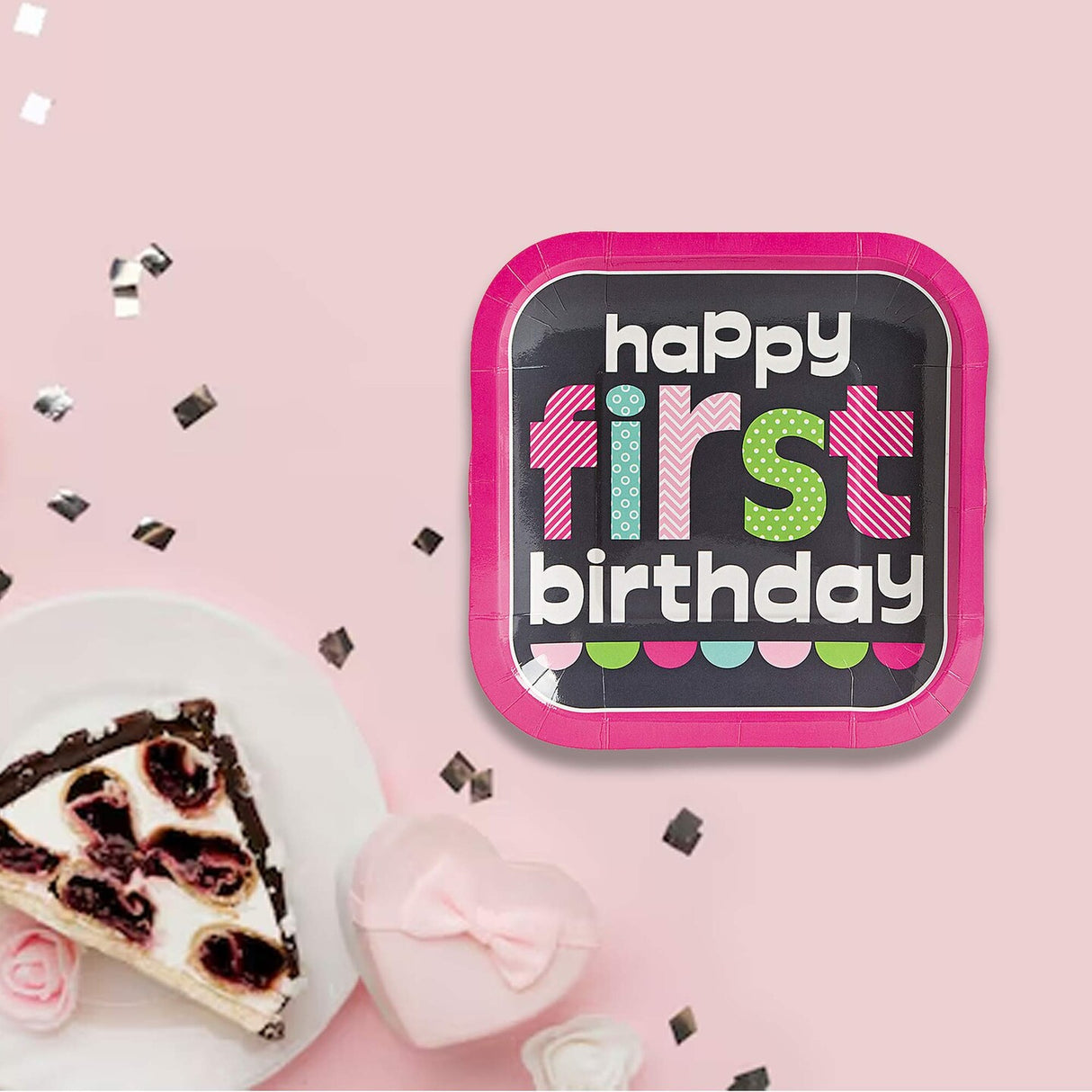 8 Ct. Pink Chalkboard 1st Birthday Dessert Plates Square 7"