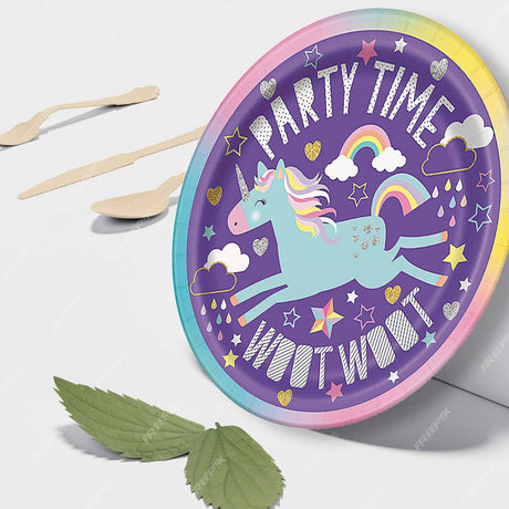 8 Ct Unicorn Birthday Party Dessert Plates 7" Round Pastel Rainbow Design
