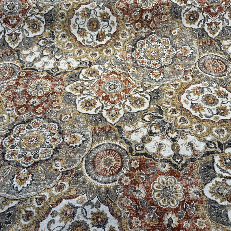 Royal Orchard Chenille Fabric - Grey, Amber, Charcoal Floral Geometric Pattern, 56" Width (By The Yard)