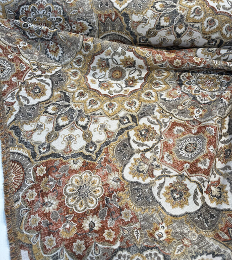 Royal Orchard Chenille Fabric - Grey, Amber, Charcoal Floral Geometric Pattern, 56" Width (By The Yard)