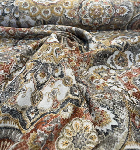 Royal Orchard Chenille Fabric - Grey, Amber, Charcoal Floral Geometric Pattern, 56" Width (By The Yard)