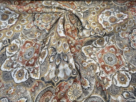 Royal Orchard Chenille Fabric - Grey, Amber, Charcoal Floral Geometric Pattern, 56" Width (By The Yard)