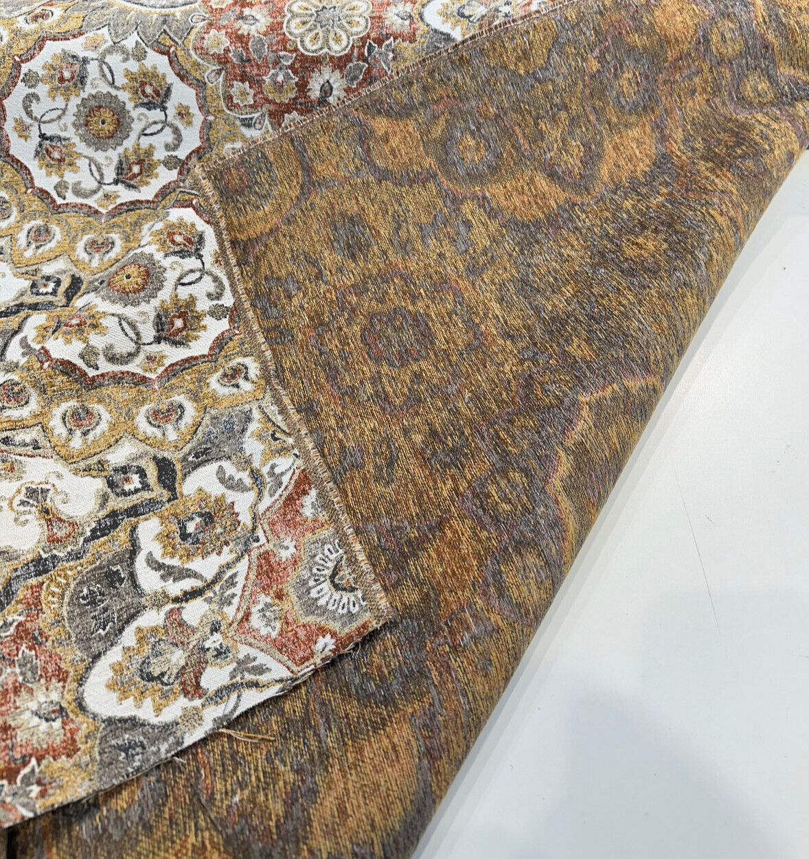 Royal Orchard Chenille Fabric - Grey, Amber, Charcoal Floral Geometric Pattern, 56" Width (By The Yard)