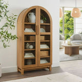 71" Tall Arched Display Cabinet, 5-Tier Bookshelf Modern Farmhouse Arched Bookcase with Glass Doors and Shelves, Wooden Pantry Storage Cabinet for Living Room, Office and Kitchen, Black