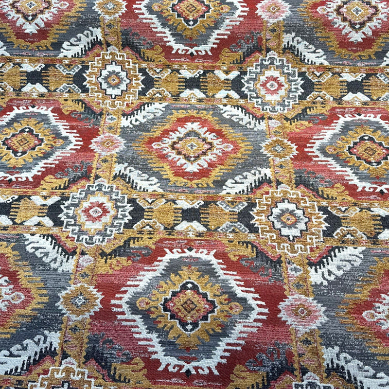 Bosa Arizona Southwest Chenille Fabric - Rustic Red, Charcoal Grey, Earthy Brown, Ivory, Hints Of Gold, 56" Width (1 Yard)