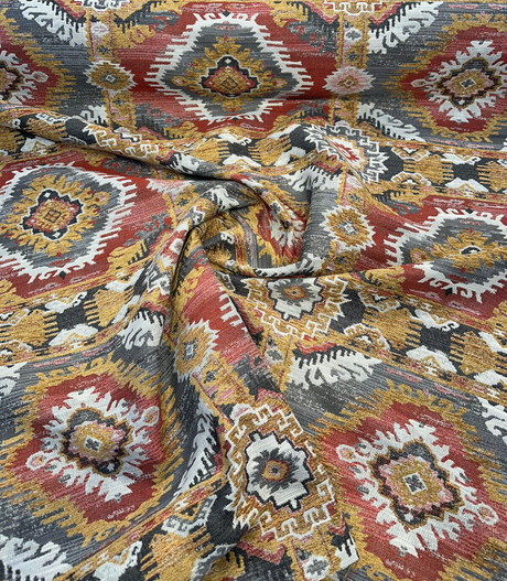 Bosa Arizona Southwest Chenille Fabric - Rustic Red, Charcoal Grey, Earthy Brown, Ivory, Hints Of Gold, 56" Width (1 Yard)