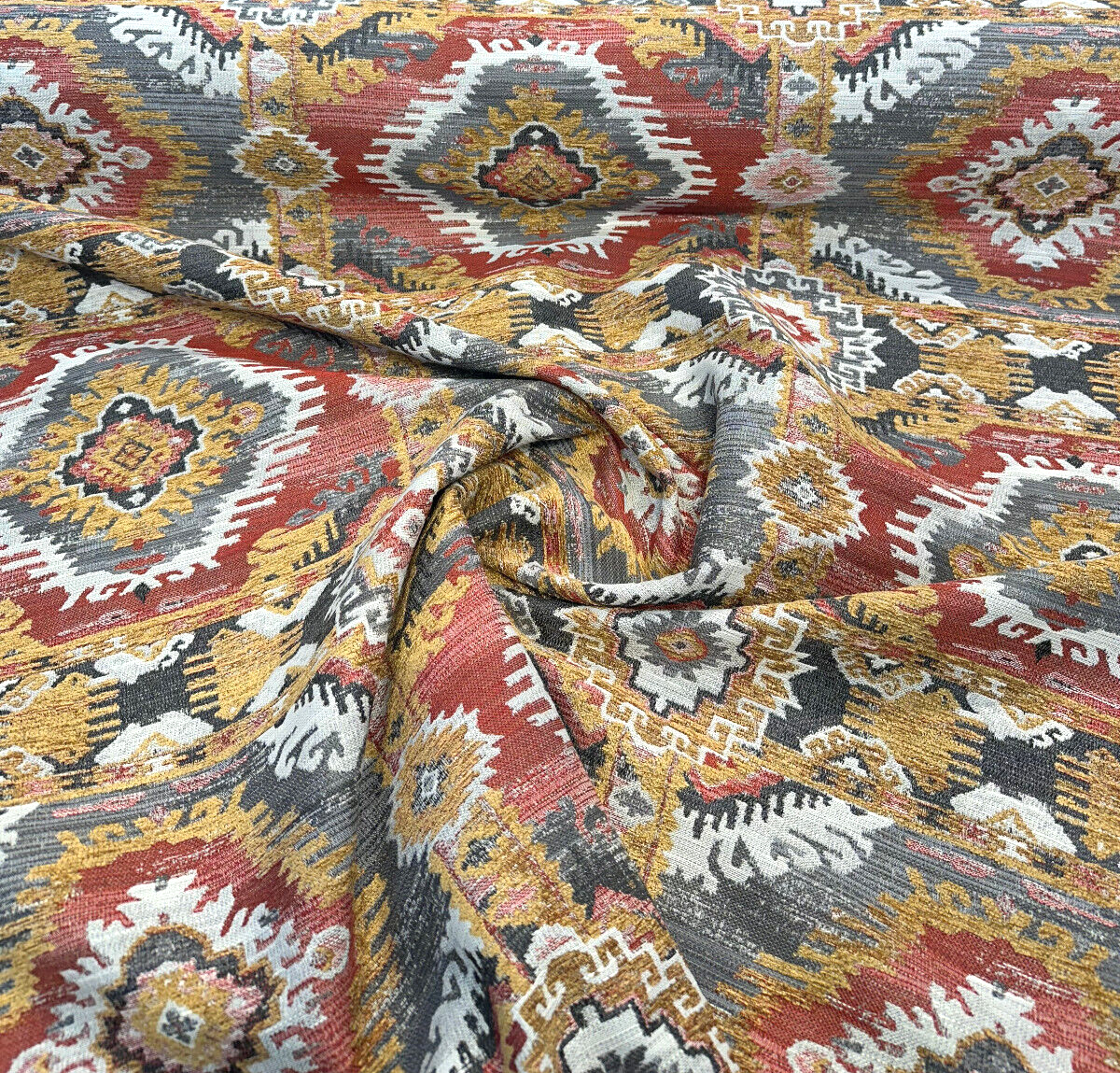 Bosa Arizona Southwest Chenille Fabric - Rustic Red, Charcoal Grey, Earthy Brown, Ivory, Hints Of Gold, 56" Width (1 Yard)