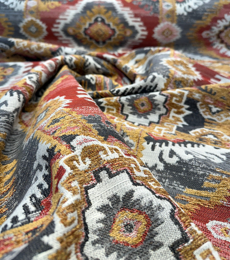 Bosa Arizona Southwest Chenille Fabric - Rustic Red, Charcoal Grey, Earthy Brown, Ivory, Hints Of Gold, 56" Width (1 Yard)