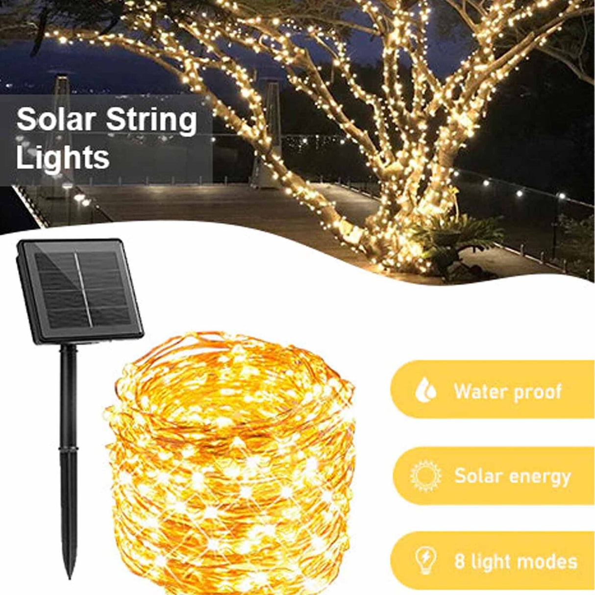Solar Powered 200 LED 72 ft Copper Wire Fairy Light – 8 Light Modes