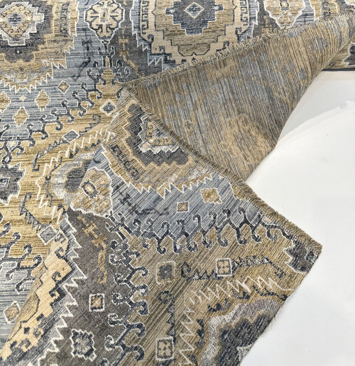 Symbology Bluestone Chenille Fabric - Bluestone, Gold, Cream, Taupe, Charcoal, 29" Horizontal Repeat, 28" Vertical Repeat (1 Yard)