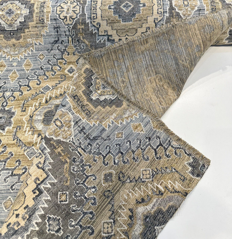 Symbology Bluestone Chenille Fabric - Bluestone, Gold, Cream, Taupe, Charcoal, 29" Horizontal Repeat, 28" Vertical Repeat (1 Yard)