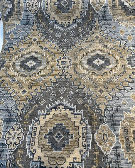 Symbology Bluestone Chenille Fabric - Bluestone, Gold, Cream, Taupe, Charcoal, 29" Horizontal Repeat, 28" Vertical Repeat (1 Yard)
