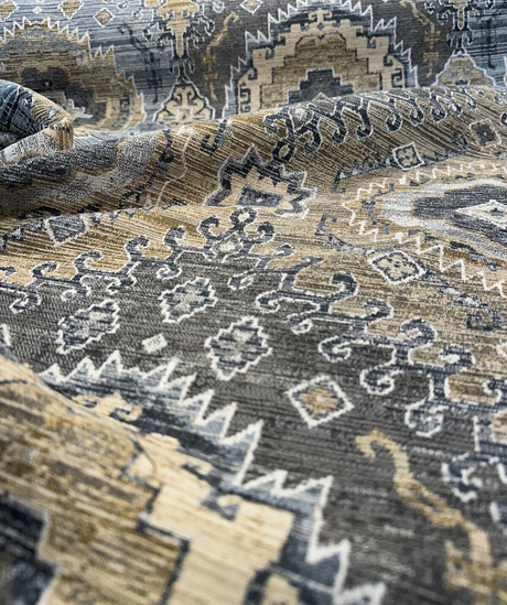 Symbology Bluestone Chenille Fabric - Bluestone, Gold, Cream, Taupe, Charcoal, 29" Horizontal Repeat, 28" Vertical Repeat (1 Yard)