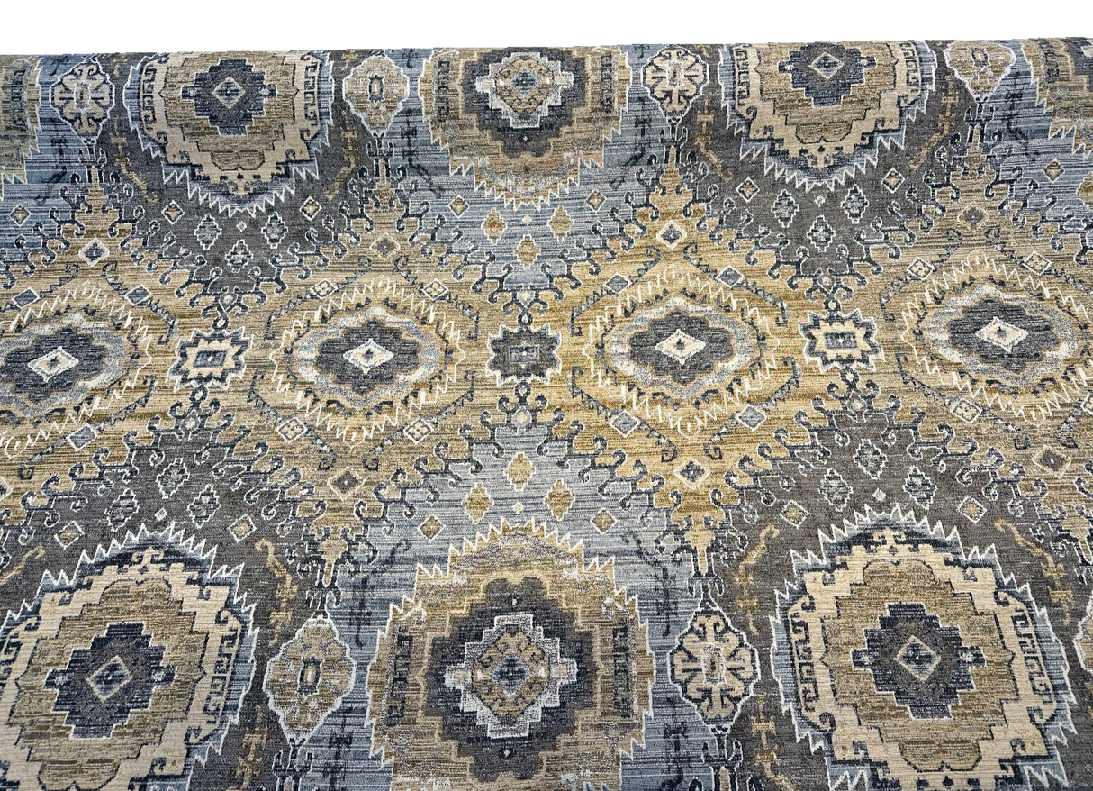Symbology Bluestone Chenille Fabric - Bluestone, Gold, Cream, Taupe, Charcoal, 29" Horizontal Repeat, 28" Vertical Repeat (1 Yard)