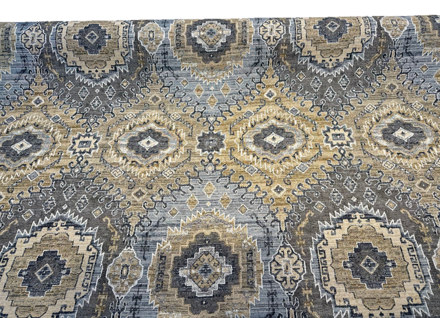 Symbology Bluestone Chenille Fabric - Bluestone, Gold, Cream, Taupe, Charcoal, 29" Horizontal Repeat, 28" Vertical Repeat (1 Yard)