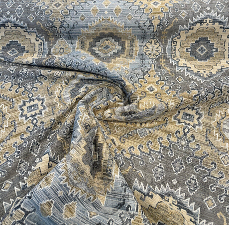 Symbology Bluestone Chenille Fabric - Bluestone, Gold, Cream, Taupe, Charcoal, 29" Horizontal Repeat, 28" Vertical Repeat (1 Yard)