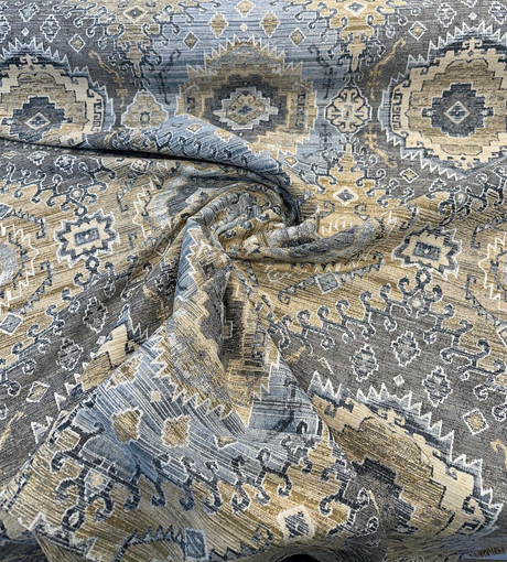 Symbology Bluestone Chenille Fabric - Bluestone, Gold, Cream, Taupe, Charcoal, 29" Horizontal Repeat, 28" Vertical Repeat (1 Yard)
