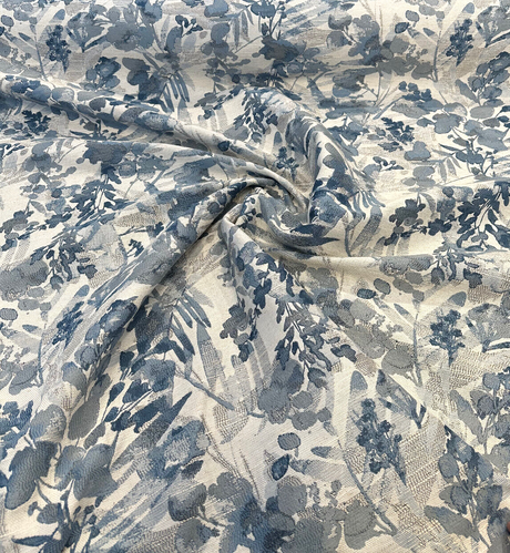 Tacino Blue Lake Polyester Linen Rayon Fabric - Blue Lake Leaves Branches, 27" Horizontal Repeat, 23" Vertical Repeat (1 Yard)