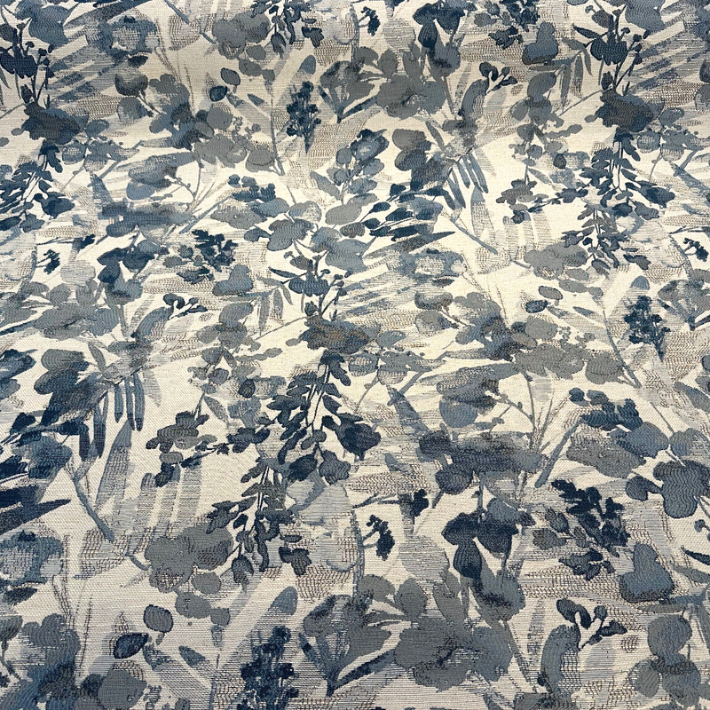 Tacino Blue Lake Polyester Linen Rayon Fabric - Blue Lake Leaves Branches, 27" Horizontal Repeat, 23" Vertical Repeat (1 Yard)
