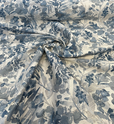 Tacino Blue Lake Polyester Linen Rayon Fabric - Blue Lake Leaves Branches, 27" Horizontal Repeat, 23" Vertical Repeat (1 Yard)