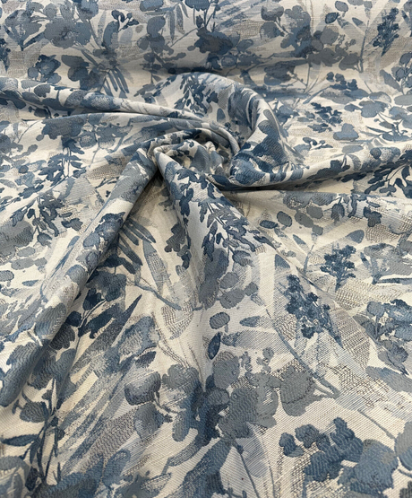 Tacino Blue Lake Polyester Linen Rayon Fabric - Blue Lake Leaves Branches, 27" Horizontal Repeat, 23" Vertical Repeat (1 Yard)
