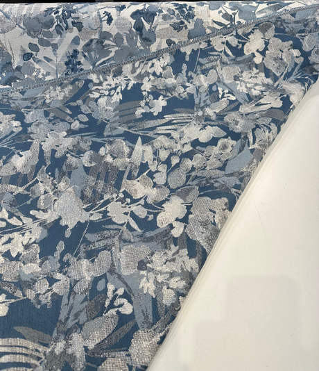Tacino Blue Lake Polyester Linen Rayon Fabric - Blue Lake Leaves Branches, 27" Horizontal Repeat, 23" Vertical Repeat (1 Yard)