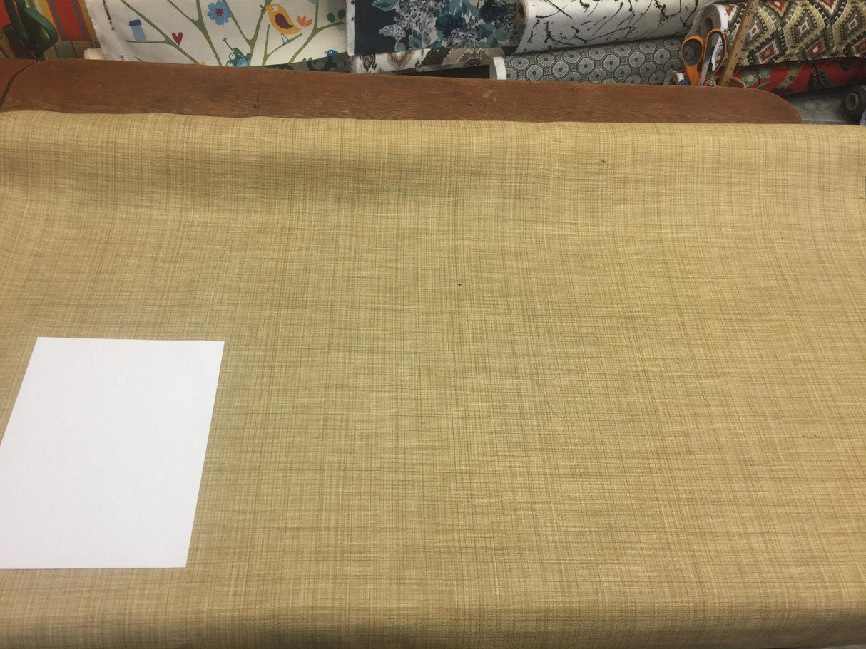 P/K Alena Plaid Tumeric Linen Style Fabric - Antique Gold Plaid, 58% FR Polyester 42% Polyester, 9" Horizontal Repeat, 9" Vertical Repeat, By The Yard