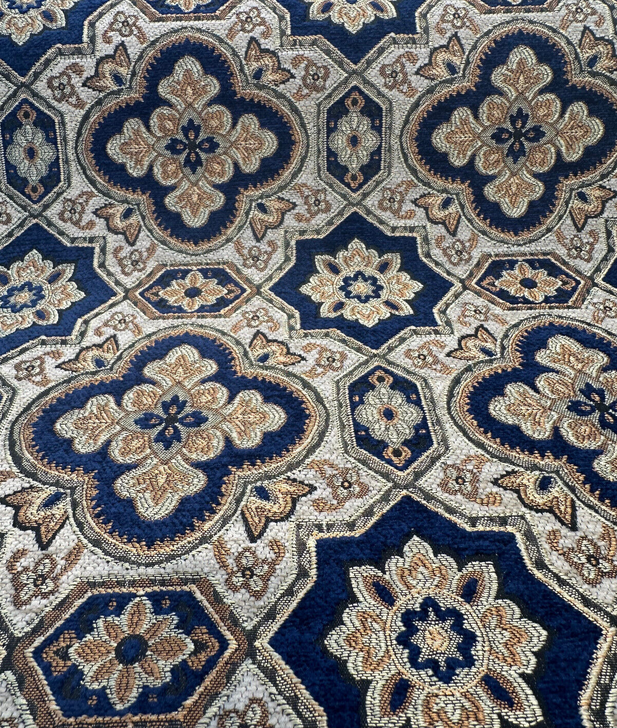 Jardins Chenille Fabric - Sapphire Blue With Gold And Ivory Geometric Diamond Pattern, 54" Width (1 Yard)