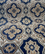 Jardins Chenille Fabric - Sapphire Blue With Gold And Ivory Geometric Diamond Pattern, 54" Width (1 Yard)