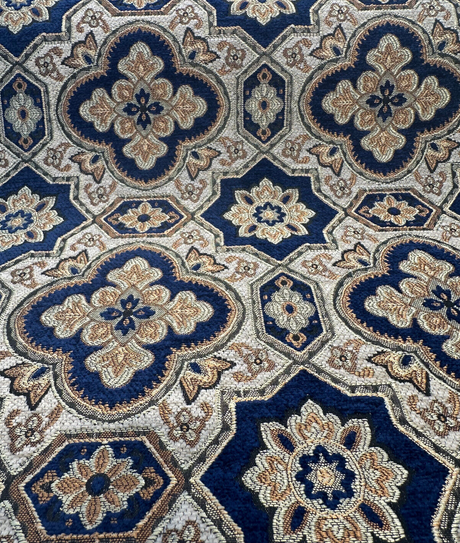 Jardins Chenille Fabric - Sapphire Blue With Gold And Ivory Geometric Diamond Pattern, 54" Width (1 Yard)