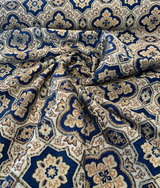 Jardins Chenille Fabric - Sapphire Blue With Gold And Ivory Geometric Diamond Pattern, 54" Width (1 Yard)