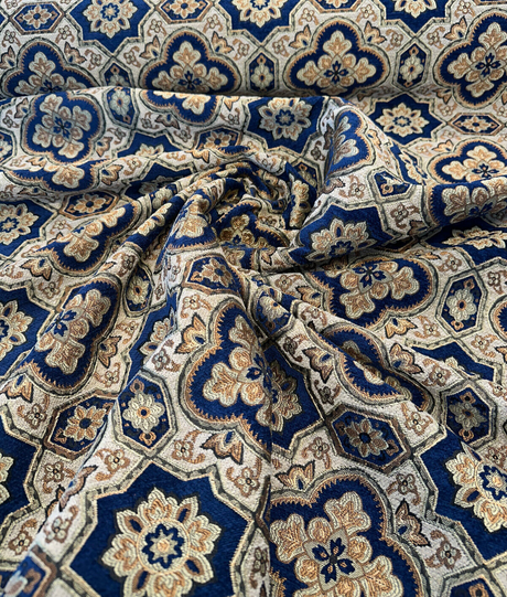 Jardins Chenille Fabric - Sapphire Blue With Gold And Ivory Geometric Diamond Pattern, 54" Width (1 Yard)
