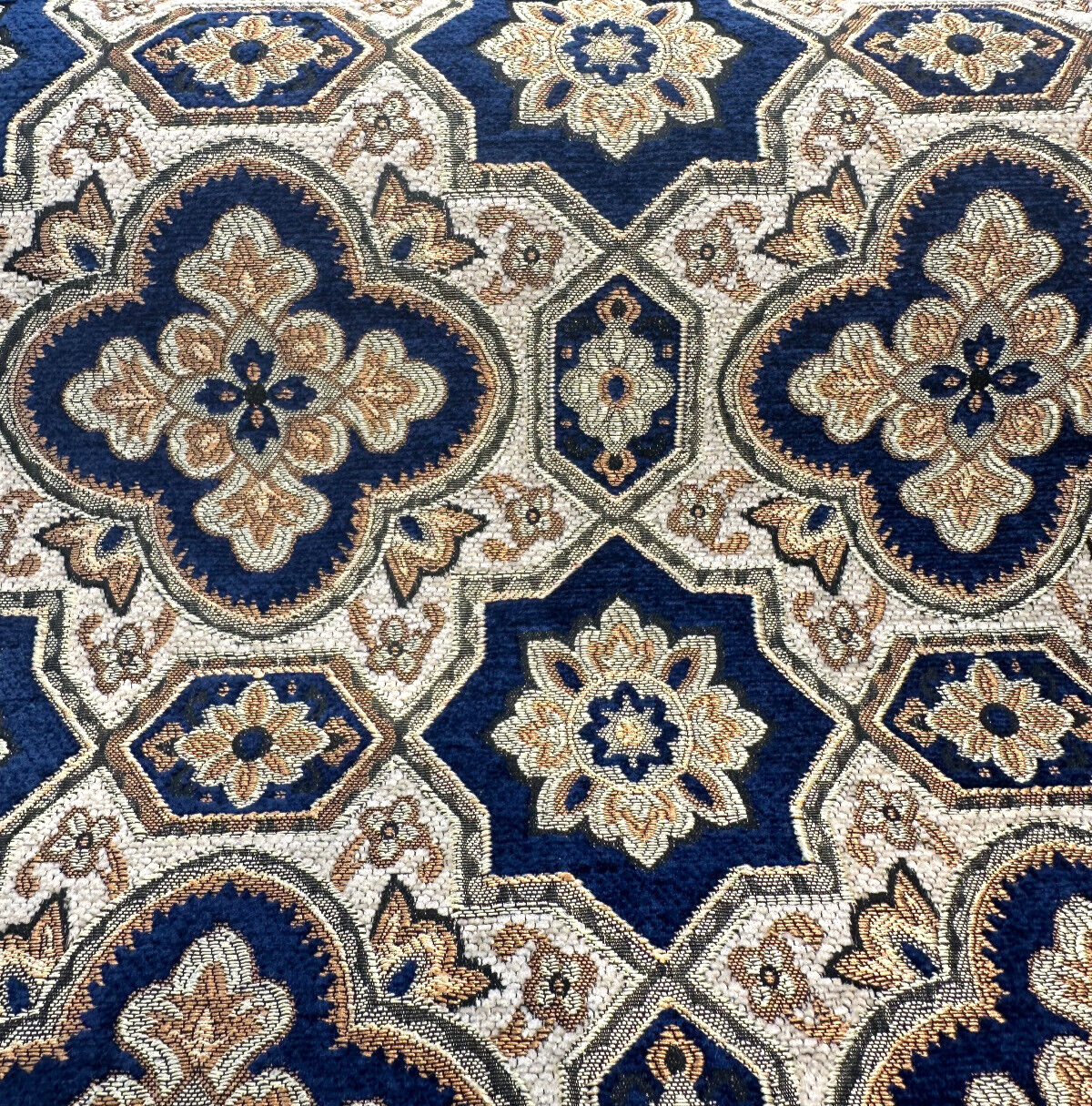 Jardins Chenille Fabric - Sapphire Blue With Gold And Ivory Geometric Diamond Pattern, 54" Width (1 Yard)