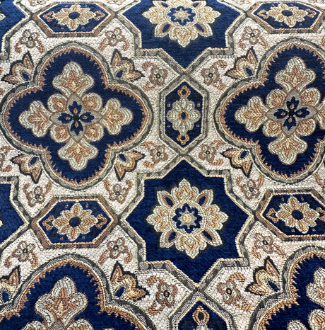 Jardins Chenille Fabric - Sapphire Blue With Gold And Ivory Geometric Diamond Pattern, 54" Width (1 Yard)
