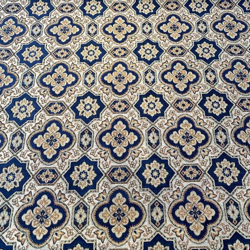 Jardins Chenille Fabric - Sapphire Blue With Gold And Ivory Geometric Diamond Pattern, 54" Width (1 Yard)