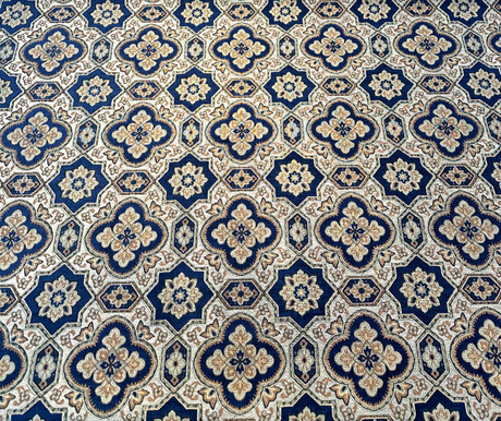 Jardins Chenille Fabric - Sapphire Blue With Gold And Ivory Geometric Diamond Pattern, 54" Width (1 Yard)